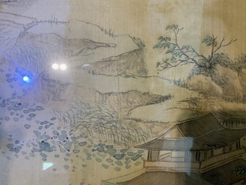 Chinese school, ink and colour on silk, 20th C.: 'Three landscape views'