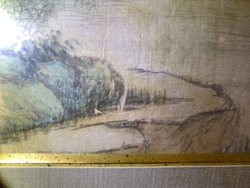 Chinese school, ink and colour on silk, 20th C.: 'Three landscape views'