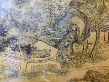 Chinese school, ink and colour on silk, 20th C.: 'Three landscape views'