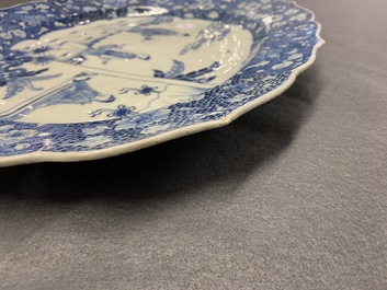 A large oval Chinese blue and white 'Romance of the Western Chamber' dish, Qianlong