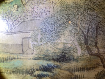 Chinese school, inkt en kleur op zijde, 20e eeuw: 'Drie landschappen'