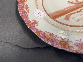 A Chinese export 'Nordic Society' plate dated 1785 and one inscribed 'Dus Leydons Vriendschap', Qianlong