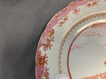 A Chinese export 'Nordic Society' plate dated 1785 and one inscribed 'Dus Leydons Vriendschap', Qianlong