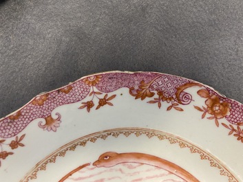 A Chinese export 'Nordic Society' plate dated 1785 and one inscribed 'Dus Leydons Vriendschap', Qianlong