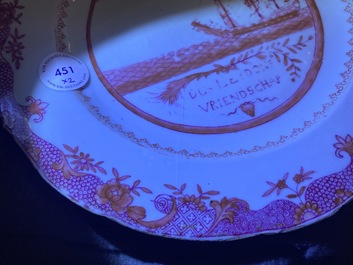 A Chinese export 'Nordic Society' plate dated 1785 and one inscribed 'Dus Leydons Vriendschap', Qianlong