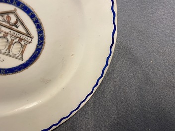 A Chinese export 'Nordic Society' plate dated 1785 and one inscribed 'Dus Leydons Vriendschap', Qianlong