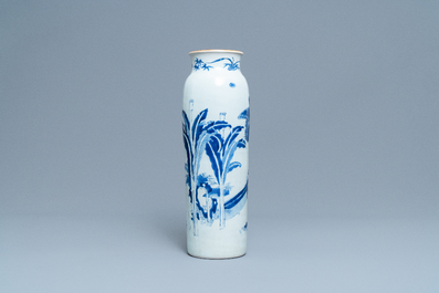 A Chinese blue and white 'qilin and phoenix' sleeve vase, Transitional period