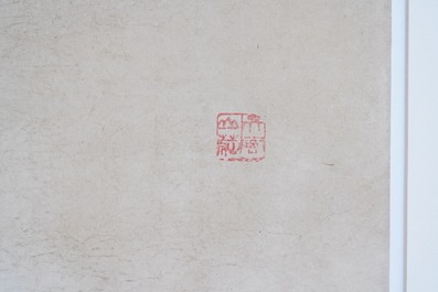 Ecole chinoise, couleurs sur papier, 19&egrave;me: 'Un plat Yuan en porcelaine de Chine en bleu et blanc'