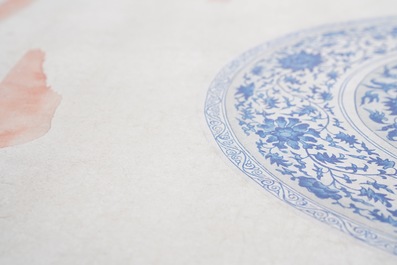 Ecole chinoise, couleurs sur papier, 19&egrave;me: 'Un plat Yuan en porcelaine de Chine en bleu et blanc'