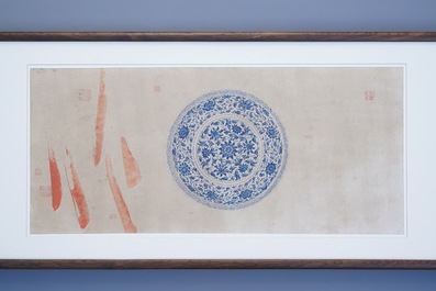 Chinese school, colour on paper, 19th C.: 'A blue and white porcelain Yuan period dish'