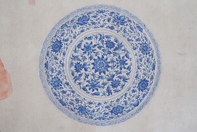 Ecole chinoise, couleurs sur papier, 19&egrave;me: 'Un plat Yuan en porcelaine de Chine en bleu et blanc'