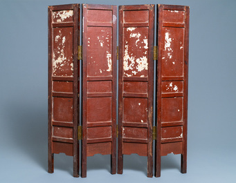 A Chinese wooden four-fold screen with famille rose plaques, 19th C.