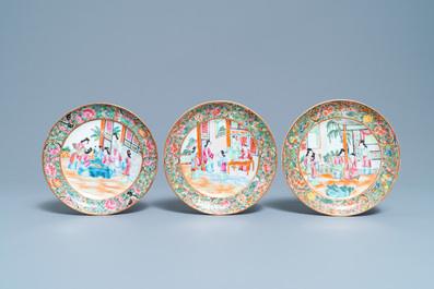 Six assiettes en porcelaine de Chine famille rose de Canton, 19&egrave;me