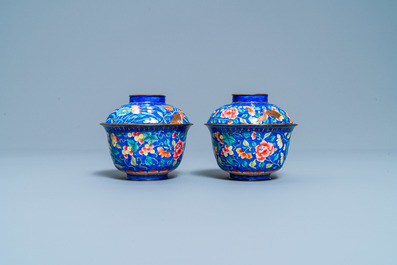 A pair of Vietnamese Phap Lam Hue enamel covered bowls on stands, 18/19th C.