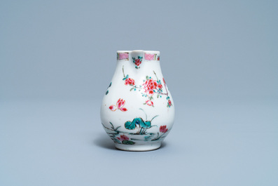 A Chinese famille rose 'mountainous landscape' jug, a pattipan and a saucer, Yongzheng