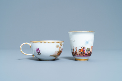 Two Meissen porcelain cups and a saucer, Germany, 18th C.