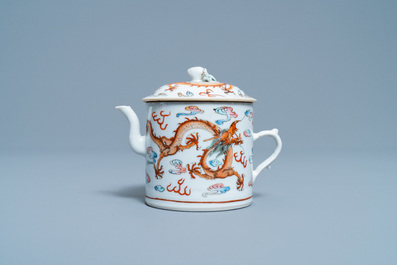 A Chinese famille rose dragon teapot and cover, 19th C.