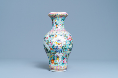 A Chinese famille rose vase with figures in a garden, Qianlong mark, Republic