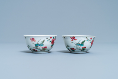 A pair of Chinese famille rose cups and saucers with landscape design, Yongzheng