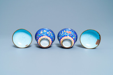 A pair of Vietnamese Phap Lam Hue enamel covered bowls on stands, 18/19th C.