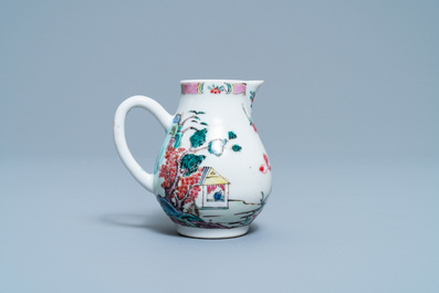 A Chinese famille rose 'mountainous landscape' jug, a pattipan and a saucer, Yongzheng