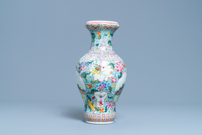 A Chinese famille rose vase with figures in a garden, Qianlong mark, Republic