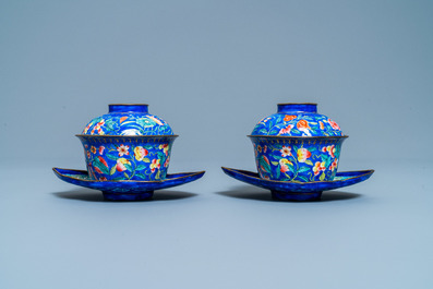 A pair of Vietnamese Phap Lam Hue enamel covered bowls on stands, 18/19th C.