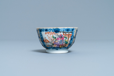 A Chinese famille rose 'Mandarin' cup and saucer with matching plate, Qianlong