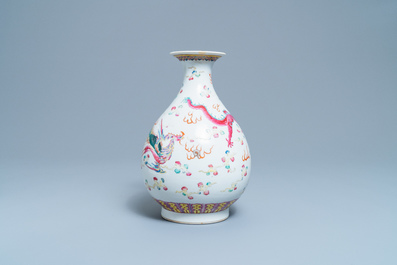 A Chinese famille rose 'yuhuchunping' vase with a dragon and a phoenix, Daoguang mark and of the period