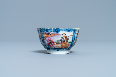A Chinese famille rose 'Mandarin' cup and saucer with matching plate, Qianlong