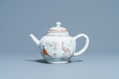 A Chinese grisaille and iron red teapot with fine peacock design, Yongzheng/Qianlong