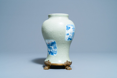 A Chinese incised celadon-glazed vase with blue, white and copper red panels, Kangxi