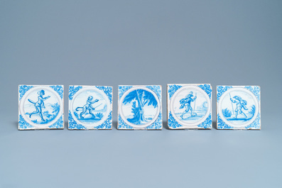 Nine blue, white and manganese Delft style tiles, Montpellier, France, 17th C.