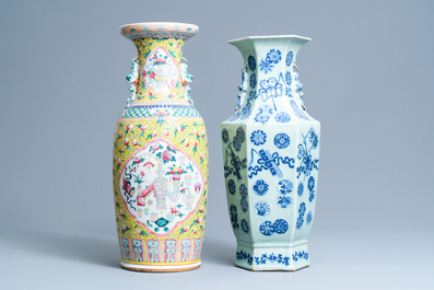 A Chinese hexagonal celadon-ground vase and a yellow-ground famille rose vase, 19th C.