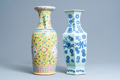 A Chinese hexagonal celadon-ground vase and a yellow-ground famille rose vase, 19th C.