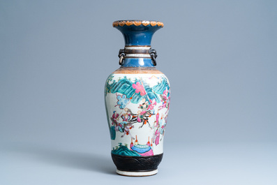 A Chinese Nanking famille rose crackle-glazed 'warrior' vase, 19th C.