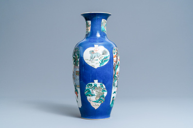 A Chinese famille verte powder blue-ground vase, 19th C.