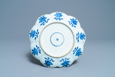 A rare Chinese blue and white lotus-shaped 'leopard' dish, Kangxi