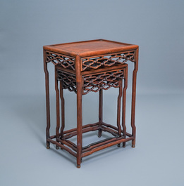 Three Chinese wooden nesting side tables, 19th C.