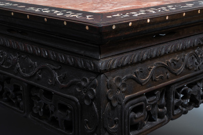 A Chinese mother-of-pearl-inlaid wooden low side table with marble top, 19th C.