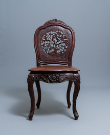 Quatre chaises en bois aux dos ajour&eacute;s, Macao ou colonies portugaises, 19&egrave;me