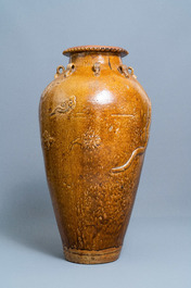 A large Chinese brown-glazed relief-molded martaban jar with dragons, Qing