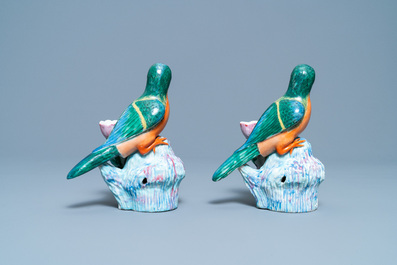 A pair of Chinese famille rose bird-shaped candlesticks, Qianlong