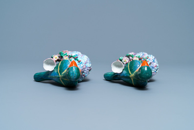 A pair of Chinese famille rose bird-shaped candlesticks, Qianlong