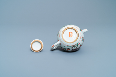 Two Chinese famille verte cup stands, a teapot and a plate, Kangxi