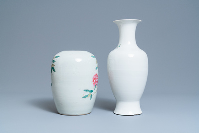 Five Chinese qianjiang cai, famille rose and celadon vases, 19/20th C.