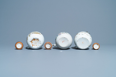 Four Chinese famille rose teapots, three bowls and a caddy, 19/20th C.