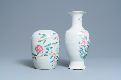 Five Chinese qianjiang cai, famille rose and celadon vases, 19/20th C.