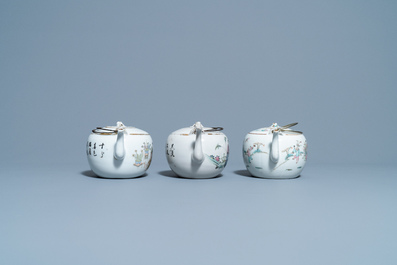 Four Chinese famille rose teapots, three bowls and a caddy, 19/20th C.