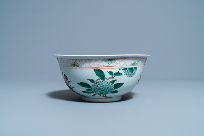 A Chinese famille verte bowl with flowers and fruits, Kangxi